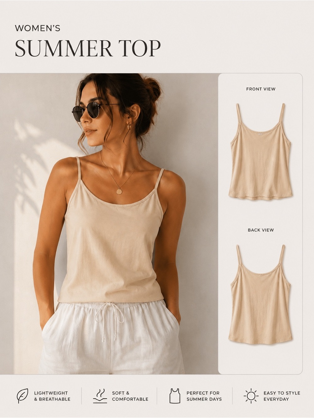 Women's Beige Summer Cami Tank Top - Lightweight Casual Size XL